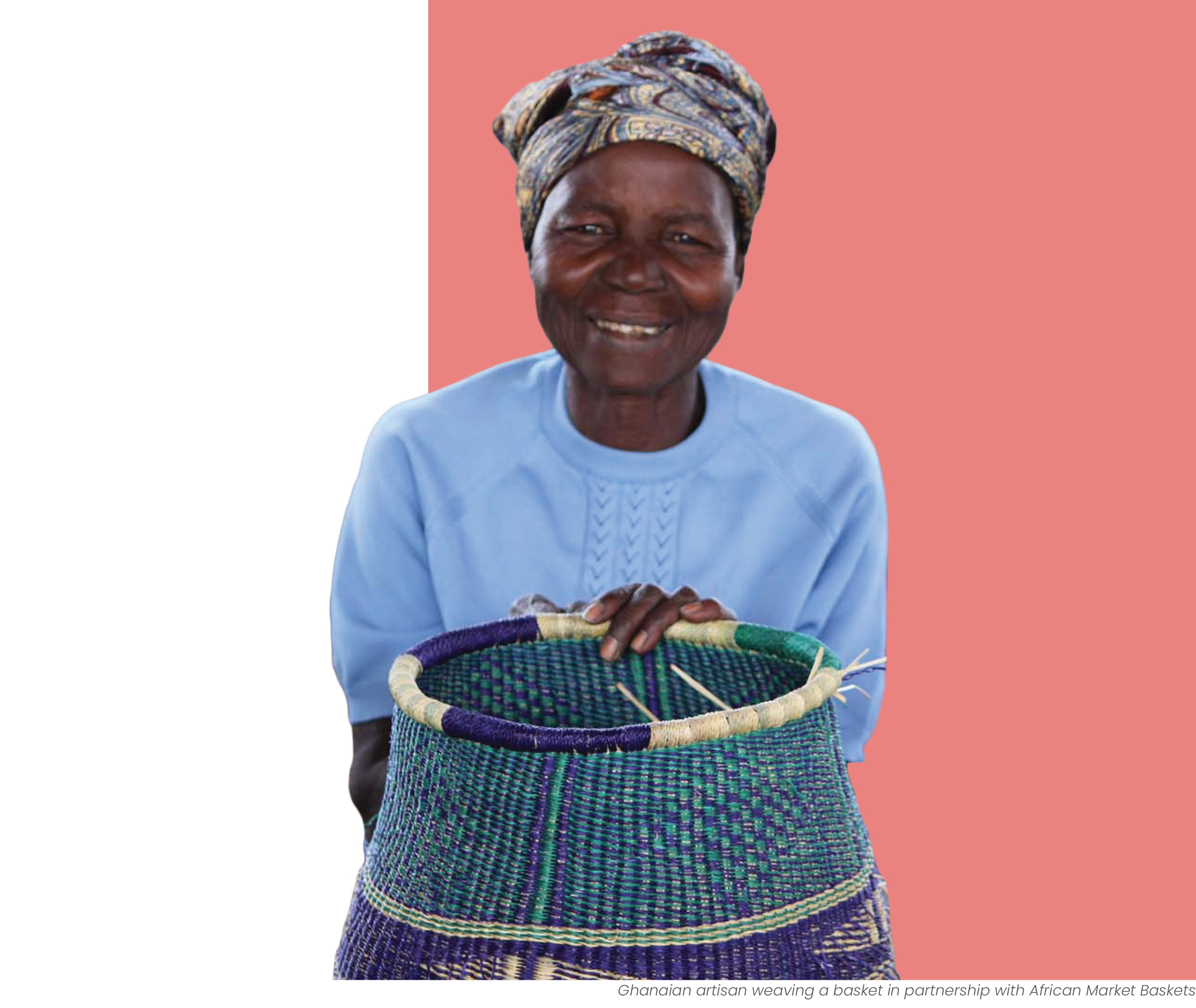 Ghanaian artisan weaving a basket in partnership with African Market Baskets